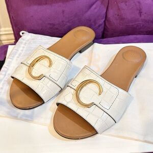 Chloe White and Gold Slide Sandals